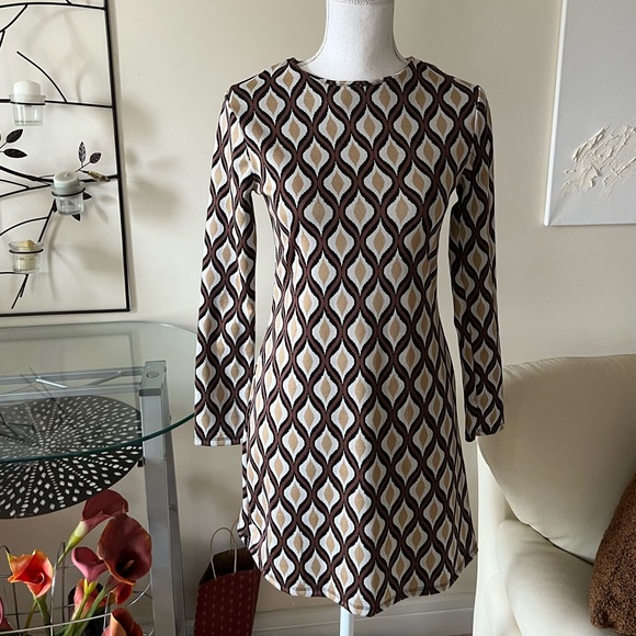 Zara Jacquard Knit Brown Geometric Retro Print Mini Shift Dress Size Small NWT - Picture 14 of 15